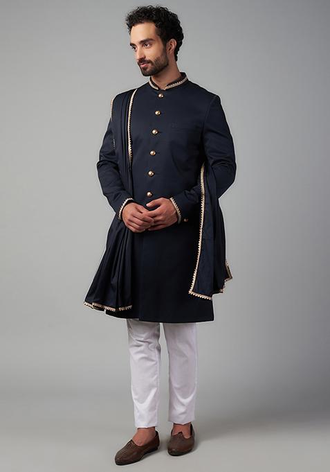 Dark Navy Jacquard Embroidered Dupion Silk Sherwani Set For Men