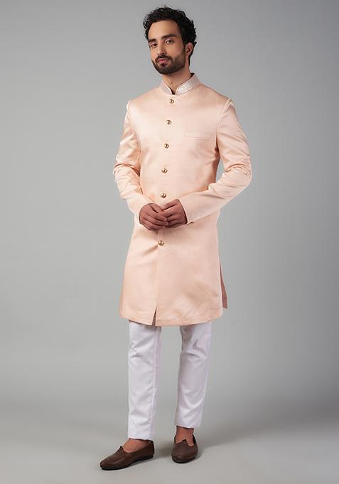 Pink Sequin Embroidered Linen Satin Sherwani Set For Men