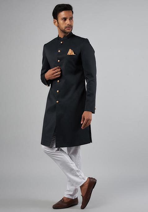 Navy Blue Jacquard Embroidered Dupion Silk Sherwani Set For Men