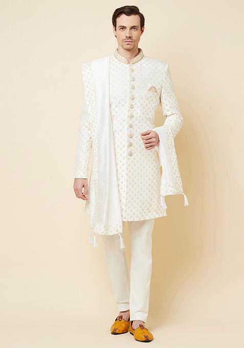White Sequin Embroidered Lucknowi Kurta Set For Men