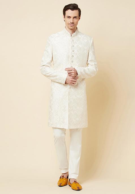 White Classic Lucknowi Embroidered Sherwani Set For Men