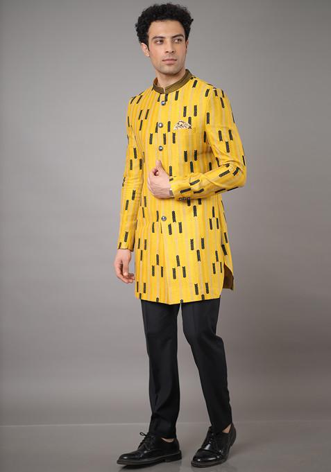 Yellow Embroidered Sherwani Set For Men