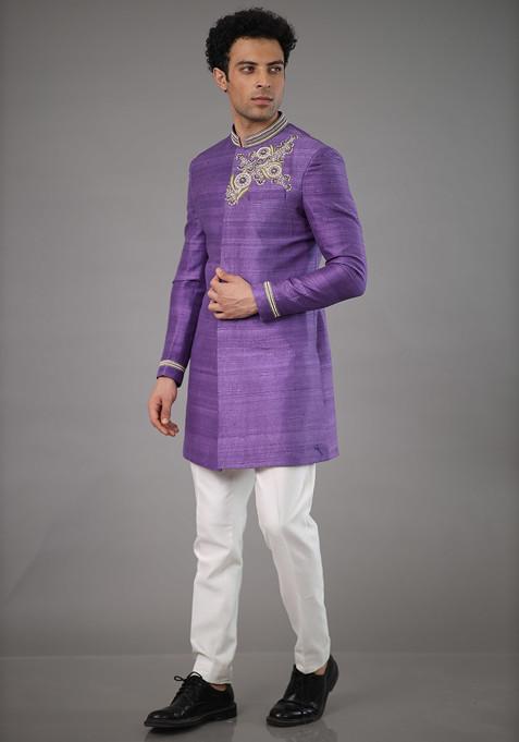 Lavender Embroidered Sherwani Set For Men