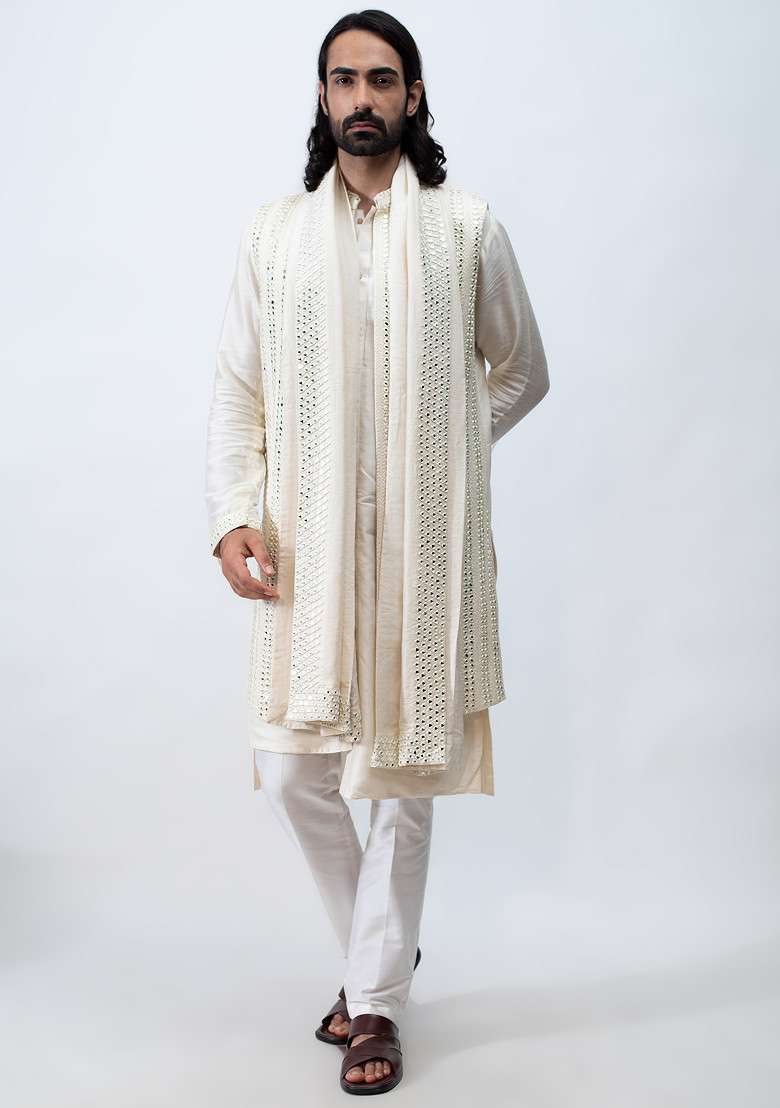 Ivory Embroidered Achkan With Mirror Work Dupatta Set For Men - Indya