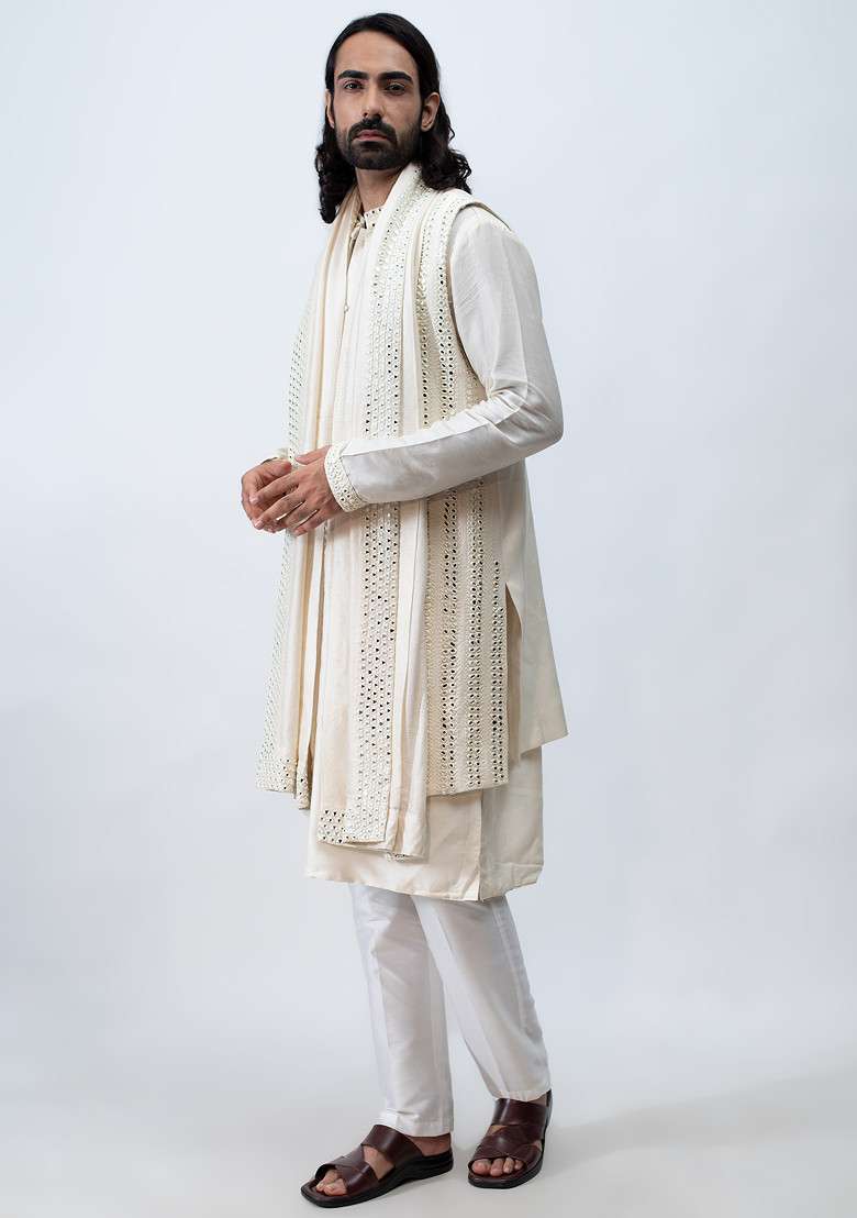 Ivory Embroidered Achkan With Mirror Work Dupatta Set For Men - Indya