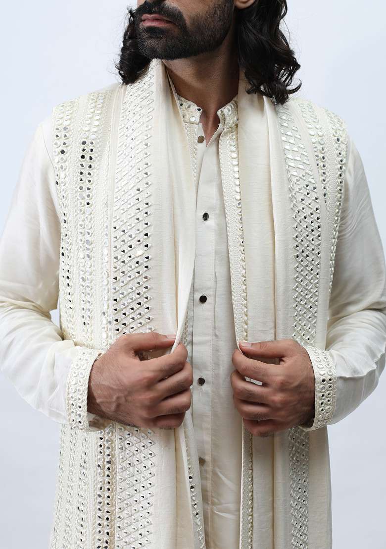 Ivory Embroidered Achkan With Mirror Work Dupatta Set For Men - Indya