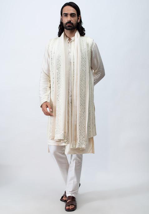 Ivory Embroidered Achkan With Mirror Work Dupatta Set For Men