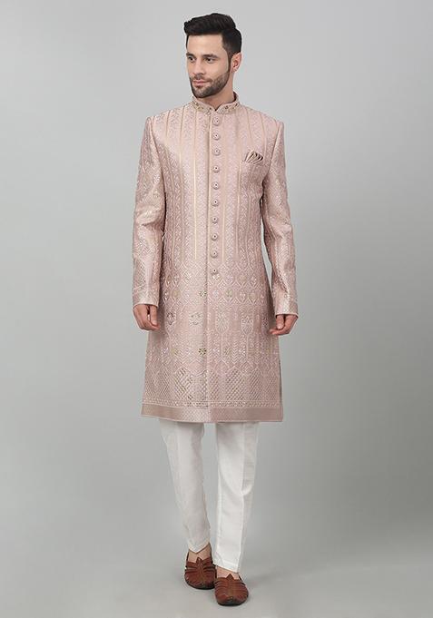 Pastel Pink Sequin Embroidered Gulposh Sherwani Set For Men