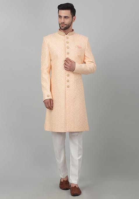 Peach Sequin Embroidered Seher Sherwani Set For Men