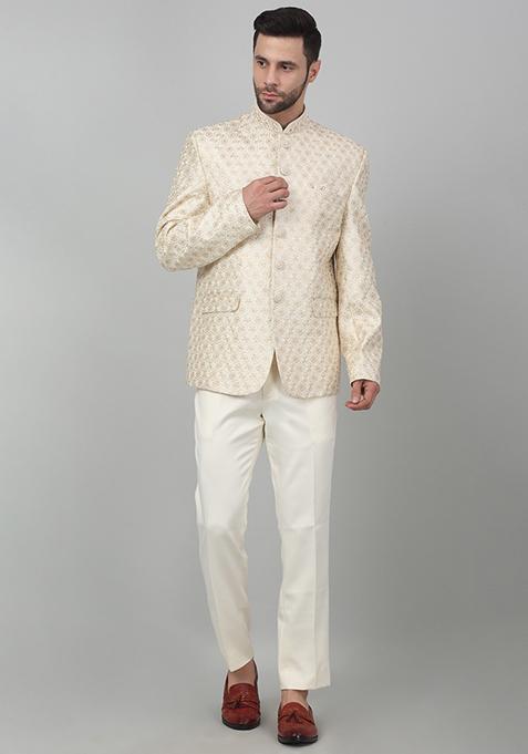 Ivory Sequin Thread Embroidered Nazar Bandhgala For Men