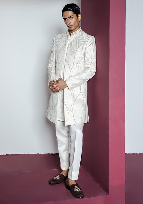 Off White Embroidered Open Sherwani Set For Men