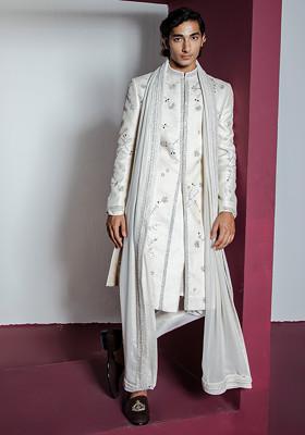 Off White Embroidered Sherwani Set For Men