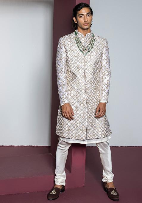 Off White Embroidered Dazzle Sherwani Set For Men