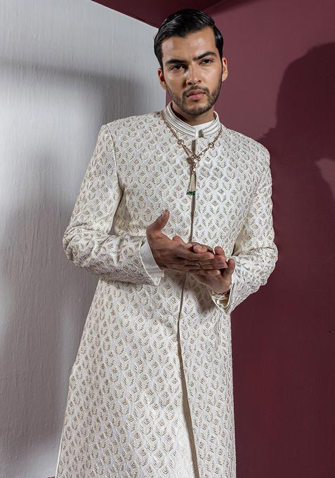 Ivory Embroidered Pure Silk Sherwani Set For Men