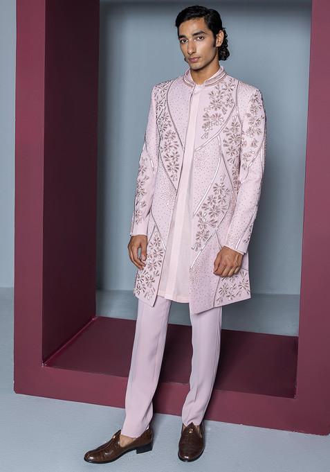 Pale Pink Embroidered Mehroom Sherwani Set For Men