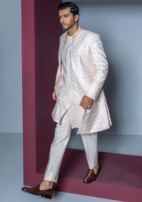 Pale Pink Embroidered Open Sherwani Set For Men