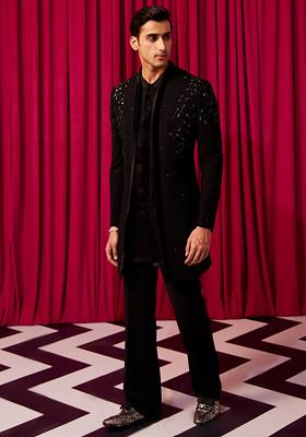 Black Embroidered Imperial Open Sherwani Set For Men