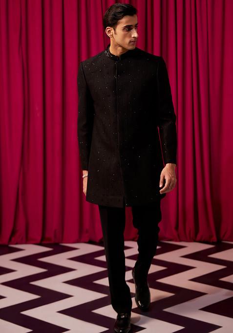 Black Embellished Formal Sherwani Set For Men