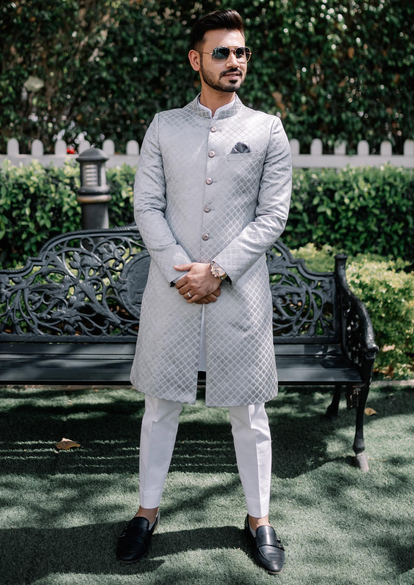 Buy Grey Embroidered Sherwani Set For Men Contrast By Parth Indya