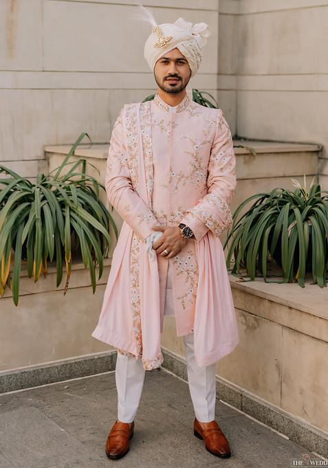 Blush Pink Embroidered Sherwani Set For Men