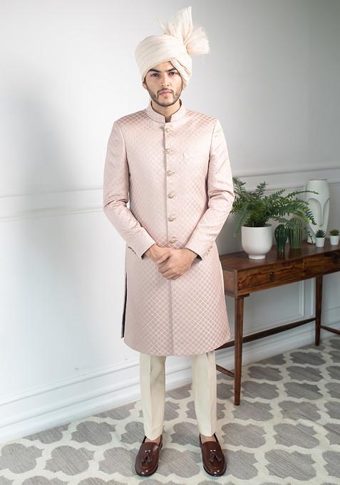Pale Pink Embossed Sherwani Set For Men