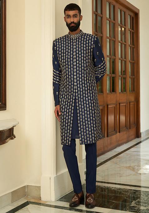 Insignia Blue Embroidered Sherwani Set For Men