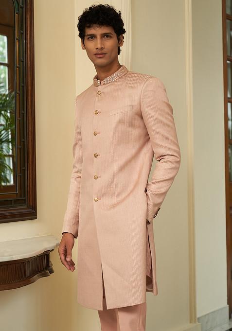 Salmon Pink Embroidered Achkan Set For Men