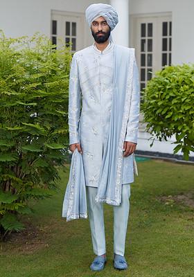 Ash Blue Embroidered Sherwani Set For Men