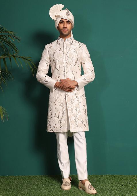 Ivory White Embellished Sherwani Set For Men