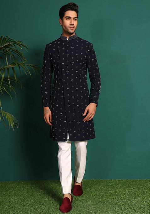 Deep Blue Stone And Cutdana Indowestern Set For Men