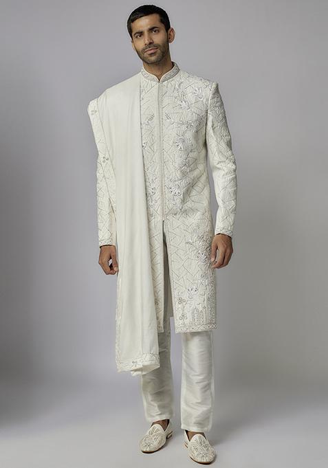 Off White Hand Embroidered Silk Sherwani Set For Men