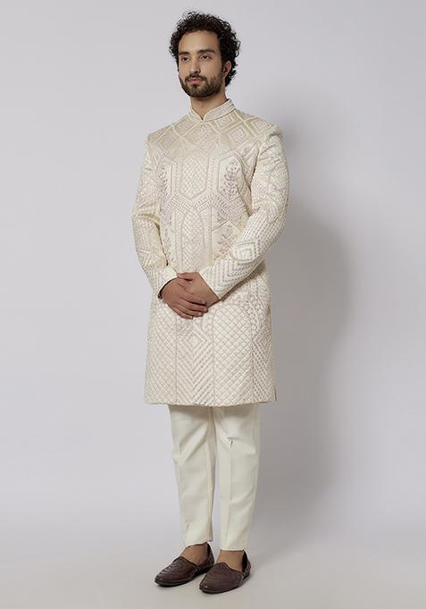 Pearl White Hand Embroidered Sherwani Set For Men