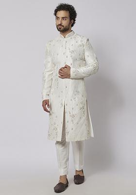 Ivory Pearl Embroidered Raw Silk Sherwani Set For Men