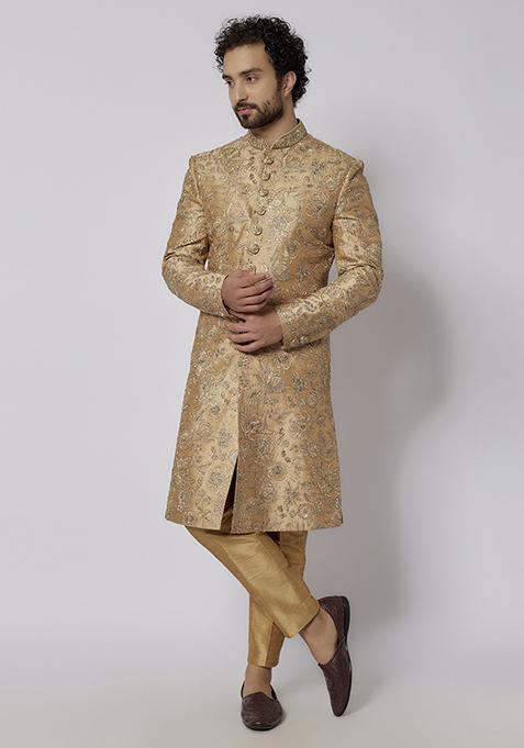 Gold And Grey Cutdana Embroidered Sherwani Set For Men