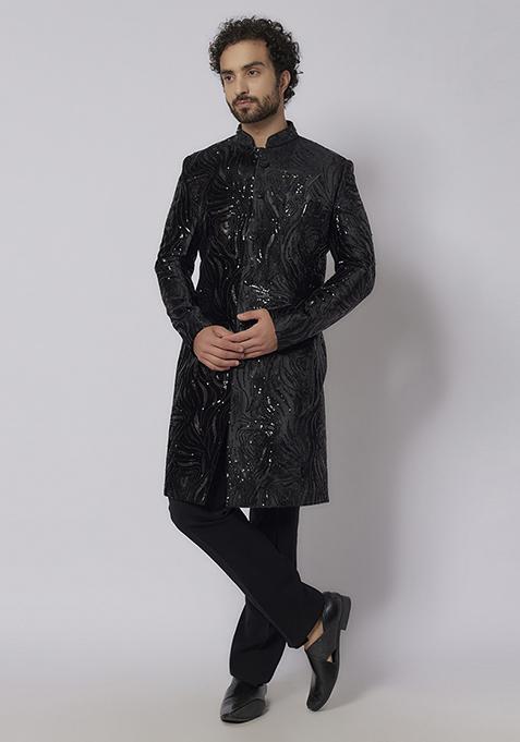 Black Sequin Embroidered Velvet Indo Western Sherwani Set For Men