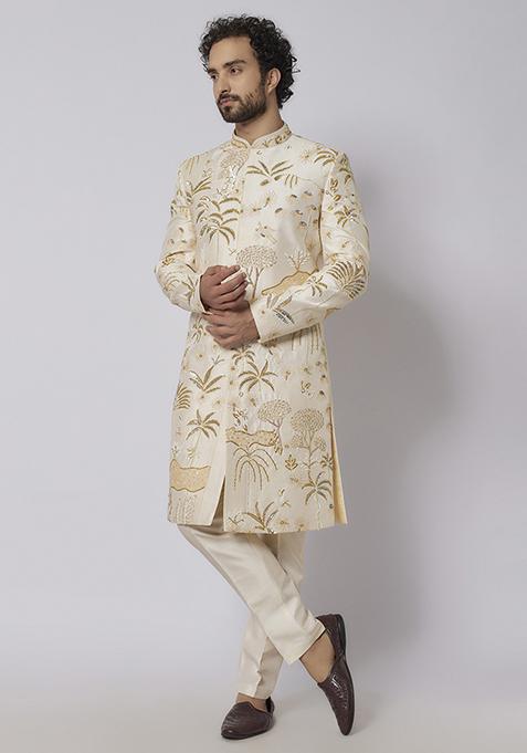 Beige Sequin Embroidered Silk Sherwani Set For Men