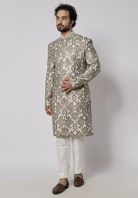 Ivory Pearl Embroidered Sherwani Matka Silk Set For Men
