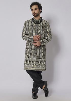 Black And White Resham Embroidered Sherwani Set For Men