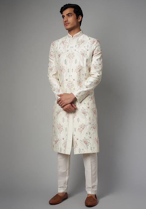 Off White Embroidered Chanderi Silk Sherwani Set For Men