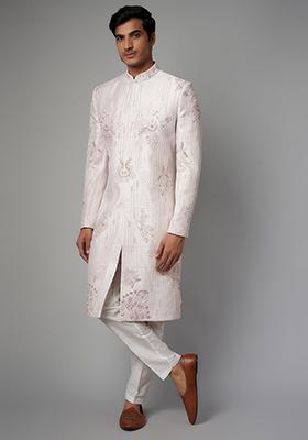Blush Lilac Hand Embroidered Chanderi Silk Sherwani Set For Men