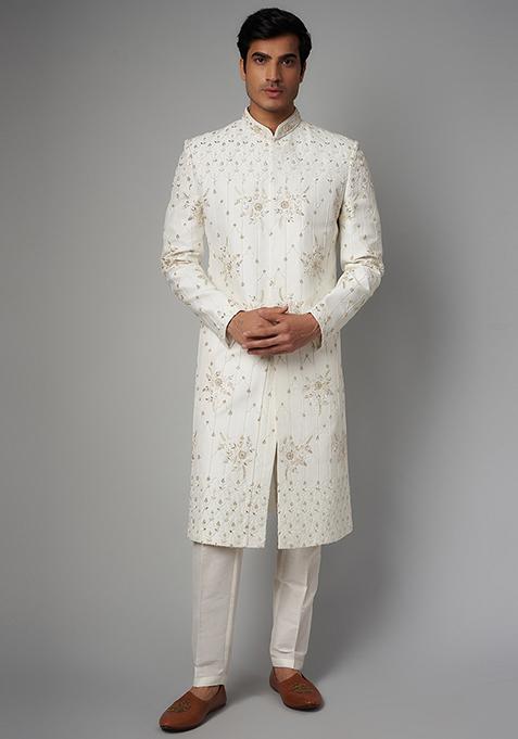 White Embroidered Mulberry Silk Sherwani Set For Men