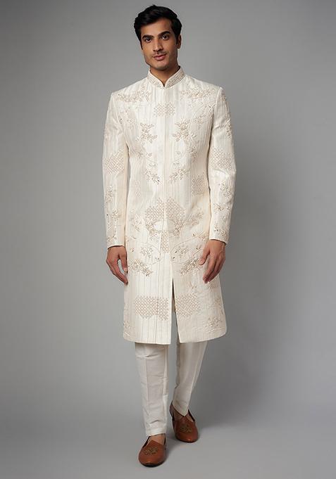 Off White Hand Embroidered Mulberry Silk Sherwani Set For Men