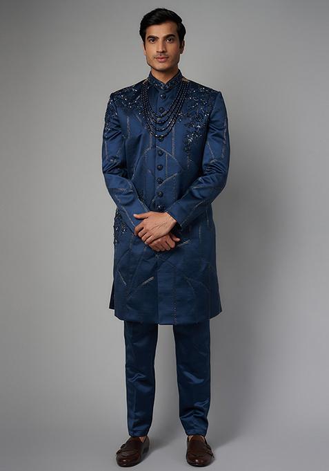 Blue Cutdana Embroidered Indo Western Sherwani Set For Men
