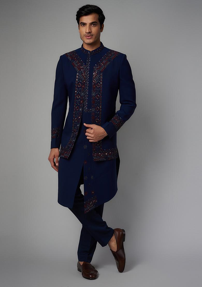 Buy Imperial Blue Embroidered Indo Western Sherwani Set For Men - Parv ...