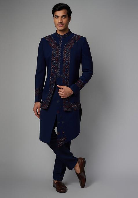Imperial Blue Embroidered Indo Western Sherwani Set For Men