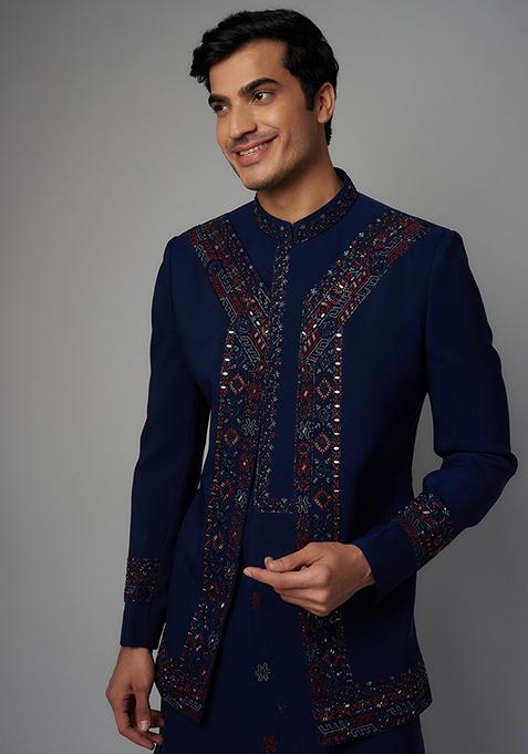 Buy Imperial Blue Embroidered Indo Western Sherwani Set For Men - Parv ...