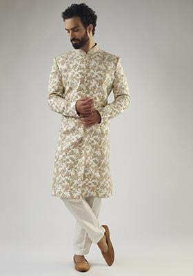 Pearl White Hand Embroidered Silk Sherwani Set For Men