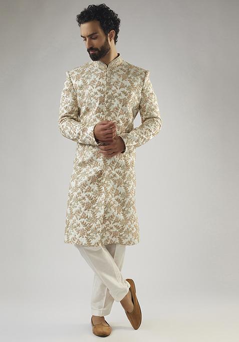 Pearl White Hand Embroidered Silk Sherwani Set For Men