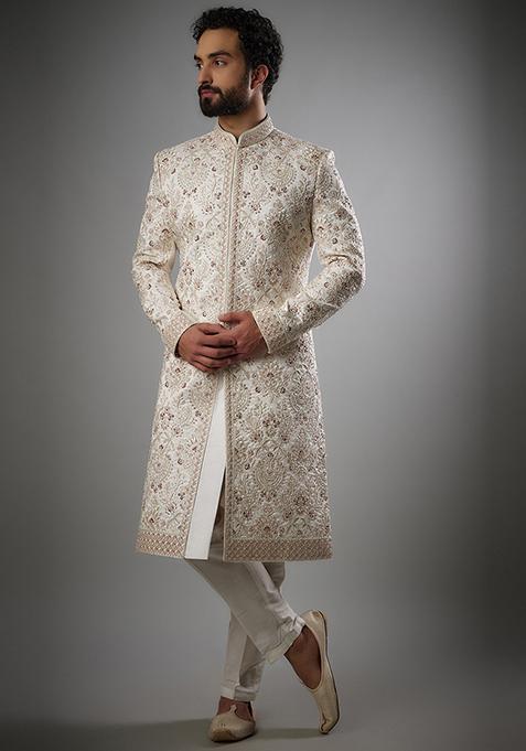 White Embroidered Silk Sherwani Set For Men