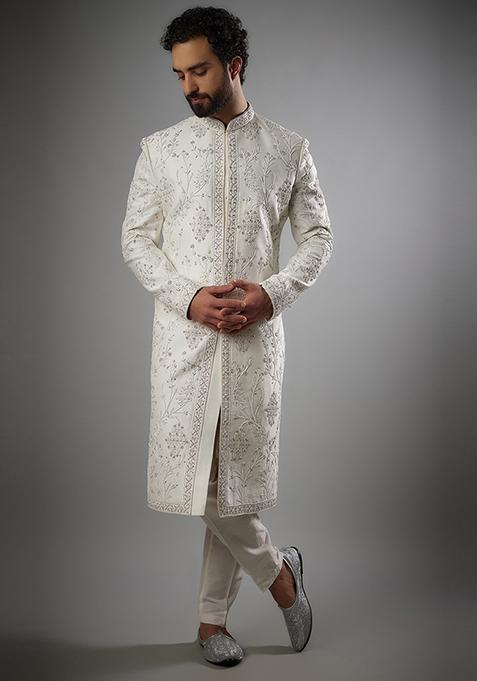 Pearl White Hand Embroidered Mulberry Silk Sherwani Set For Men